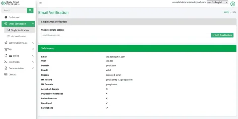 Easy Email Verification EEmail deliverability verification tool showing single email verification results